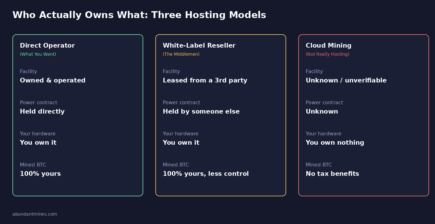 Diagram comparing Direct Operator, White-Label Reseller, and Cloud Mining hosting models by facility ownership, power contract, hardware ownership, and mined bitcoin ownership